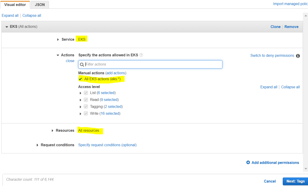 Choosing the configuration on IAM Policy