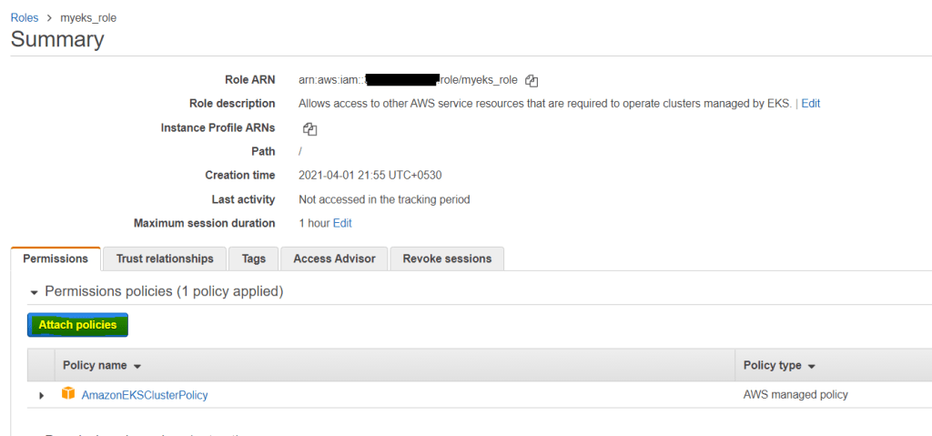 Attaching the IAM policy on IAM role