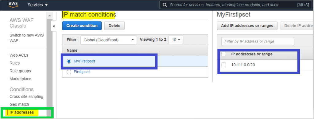 Verifying the newly created IP set 